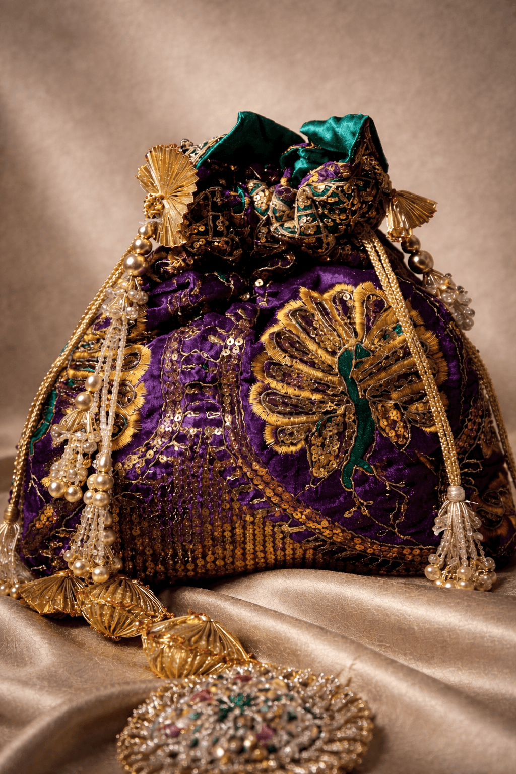 Hand-embroidered purple potli bag with gold thread work and pearl tassels